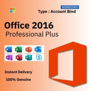 Official box art for the ACCOUNT BIND version of MS Office 2016 Pro Plus. A genuine lifetime license key that binds to your Microsoft Account, from Delta Keys India.