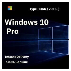 Official Windows 10 Pro box art. A genuine 20-PC MAK volume license key for activating multiple computers, from Delta Keys India.