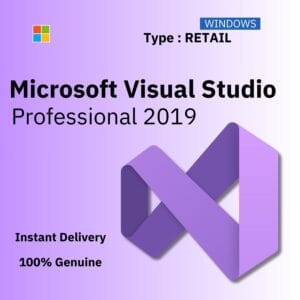 Official box art for the RETAIL version of Visual Studio 2019 Pro. A transferable, genuine lifetime license key from Delta Keys India.