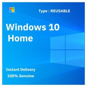 Box art for genuine Windows 10 Home. Reusable lifetime license key that can be reactivated after formatting. From Delta Keys India.