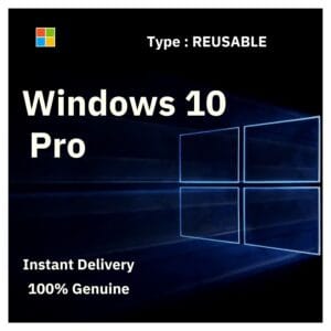 Box art for genuine Windows 10 Pro. Reusable lifetime license key that can be reactivated after formatting. From Delta Keys India.