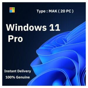 Official Windows 11 Pro box art. A genuine 20-PC MAK volume license key for activating multiple computers, from Delta Keys India.