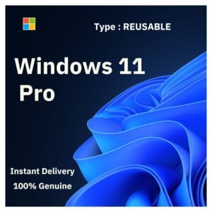Box art for genuine Windows 11 Pro. Reusable lifetime license key that can be reactivated after formatting. From Delta Keys India.