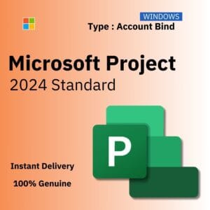Official box art for the ACCOUNT BIND version of Project 2024 Standard. A genuine lifetime license key that binds to your Microsoft Account, from Delta Keys India.
