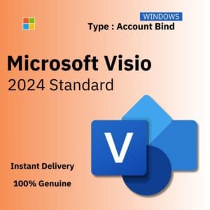 Official box art for the ACCOUNT BIND version of Visio 2024 Standard. A genuine lifetime license key that binds to your Microsoft Account, from Delta Keys India.