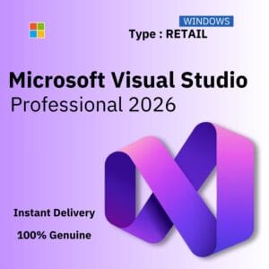 Official box art for Microsoft Visual Studio 2026 Professional RETAIL. Instant delivery of a lifetime single-use license key from Delta Keys India.